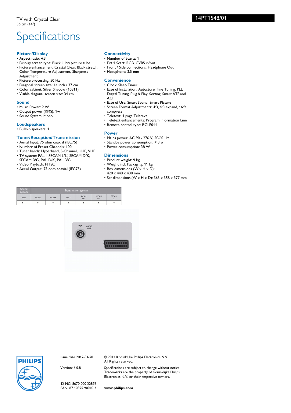 Specifications | Philips 14PT1548 User Manual | Page 3 / 3