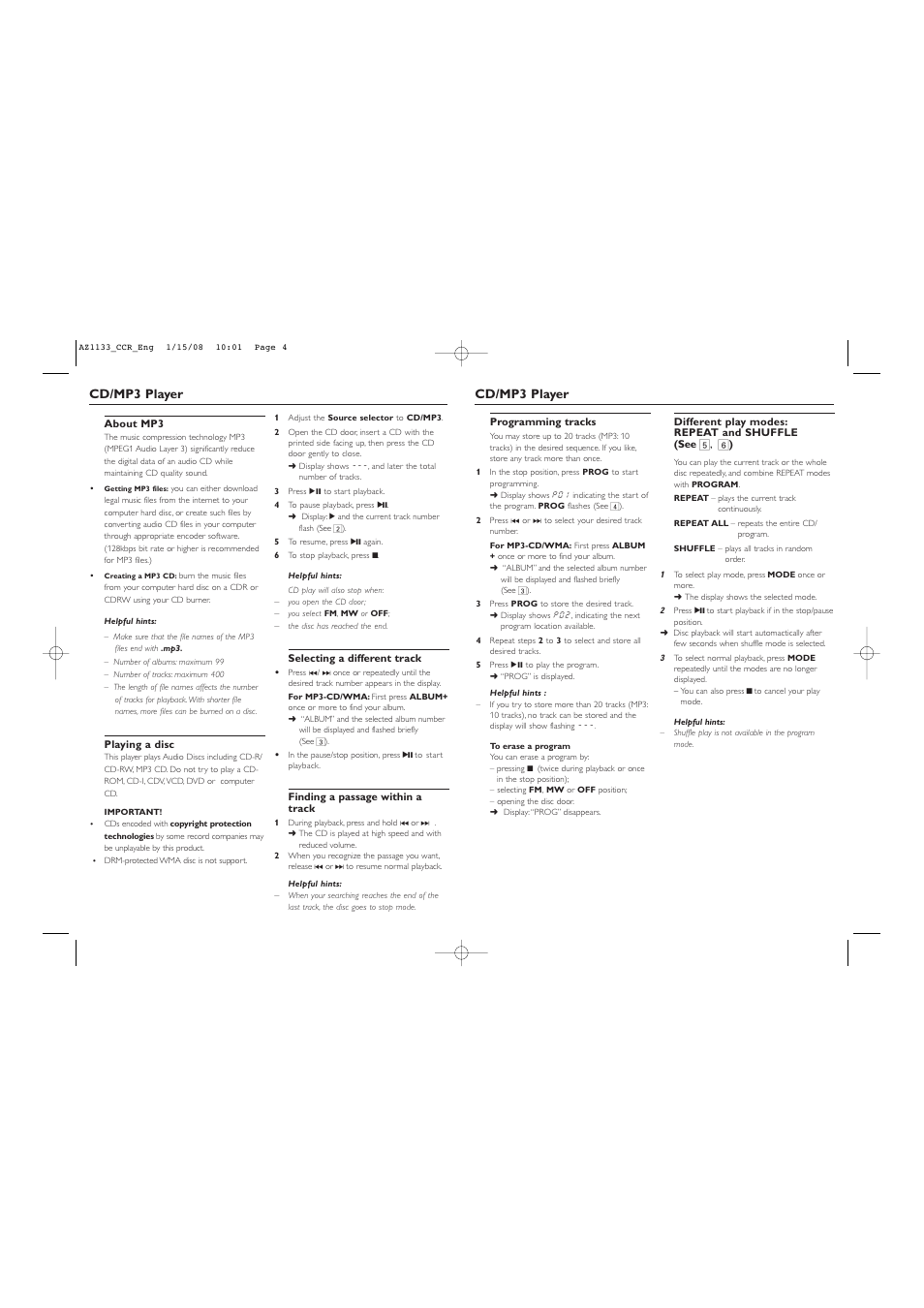 Cd/mp3 player | Philips CD SOUNDMACHINE AZ1133 User Manual | Page 4 / 6