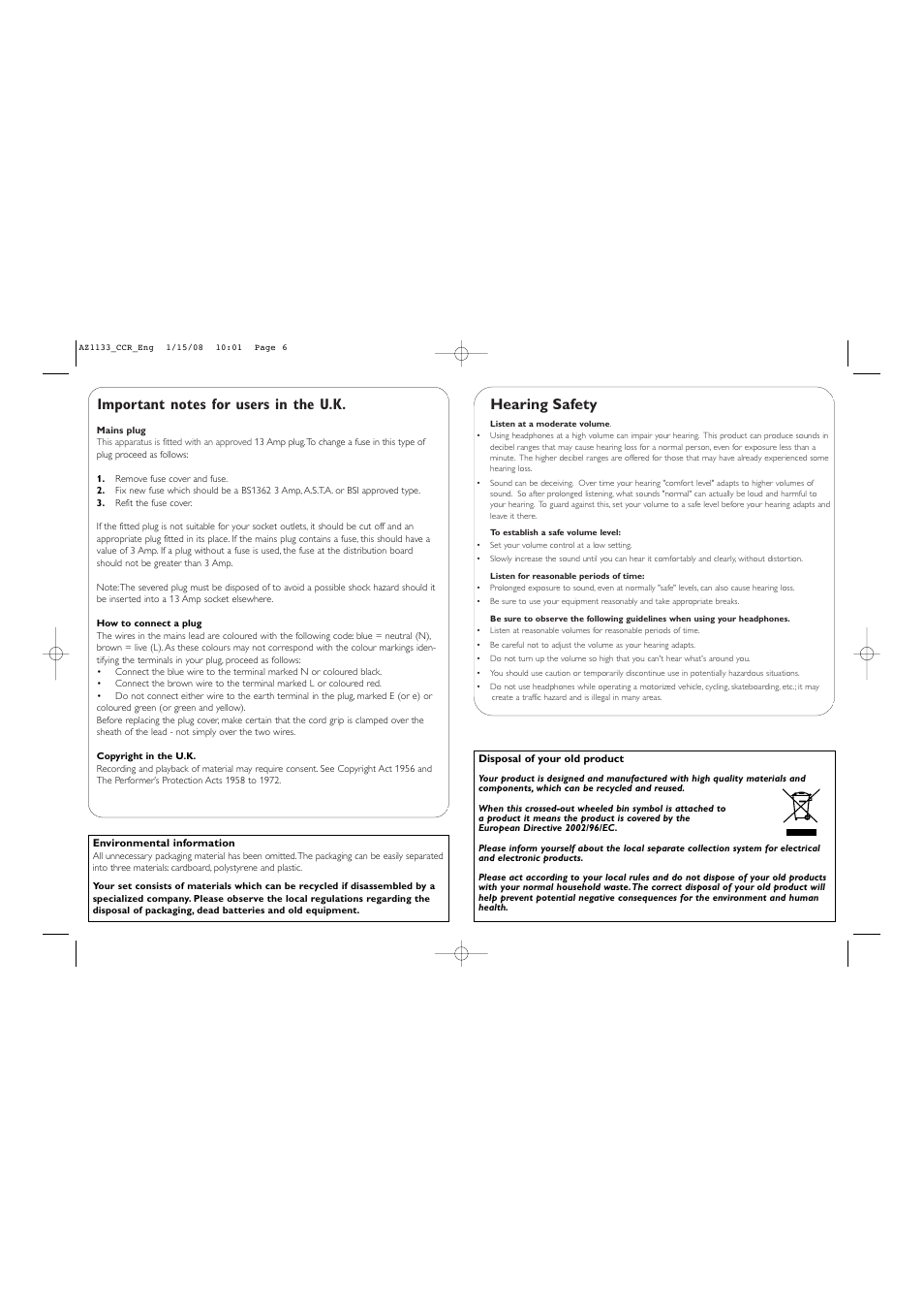 Hearing safety | Philips CD SOUNDMACHINE AZ1133 User Manual | Page 6 / 6