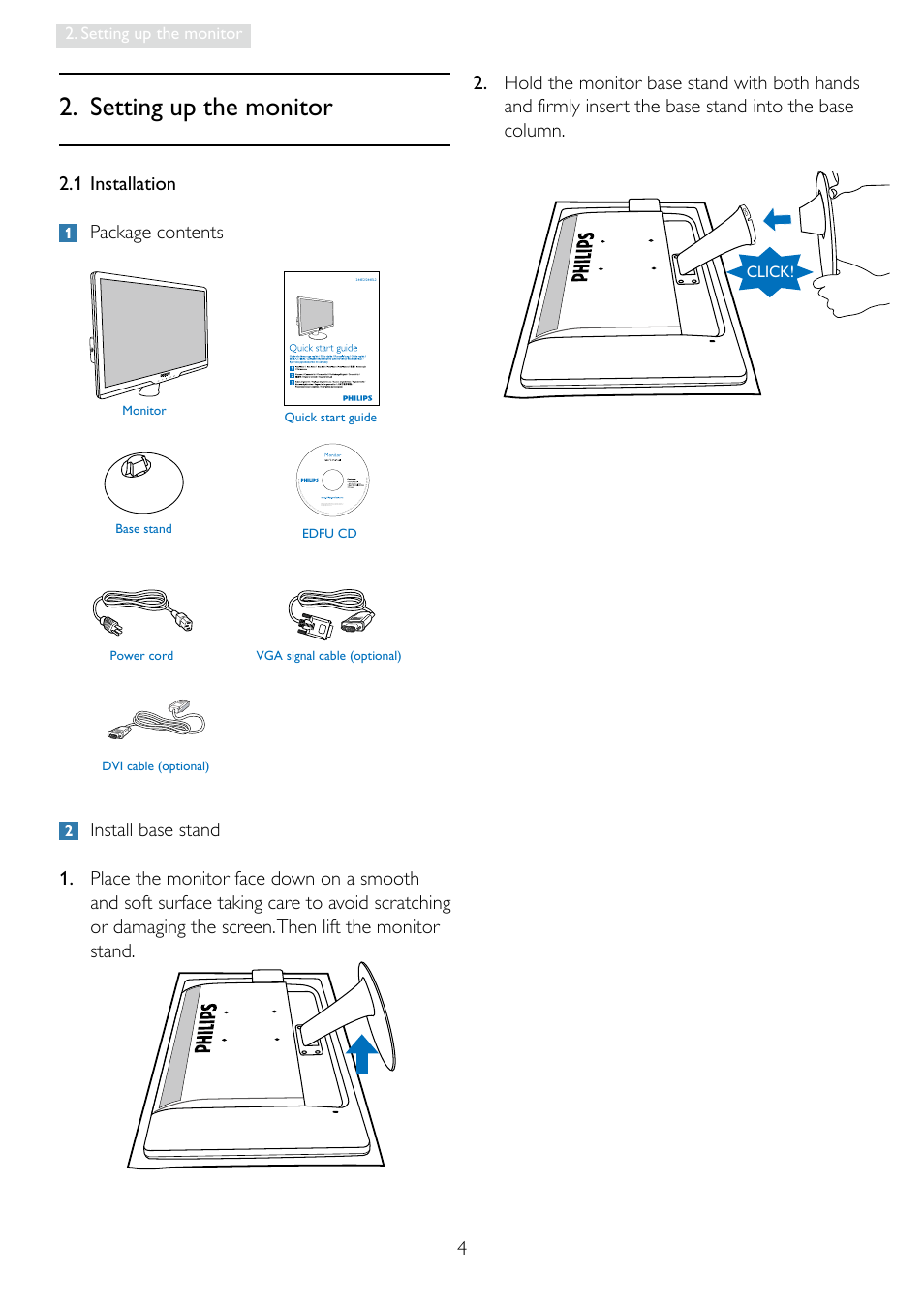 1 installation package contents, Setting up the monitor | Philips 2.44E+04 User Manual | Page 6 / 51