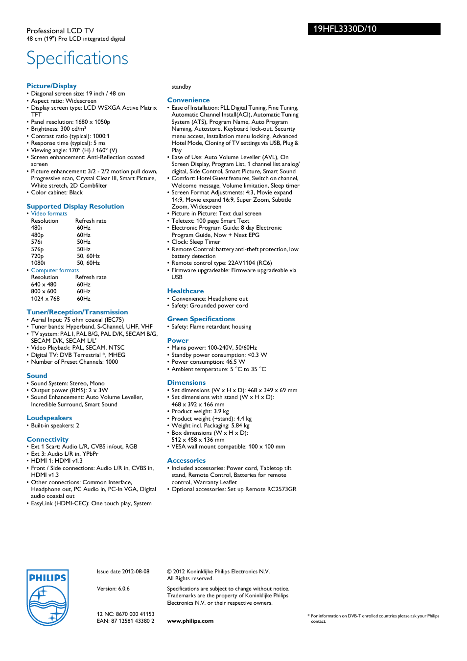 Specifications | Philips 19HFL3330D User Manual | Page 3 / 3