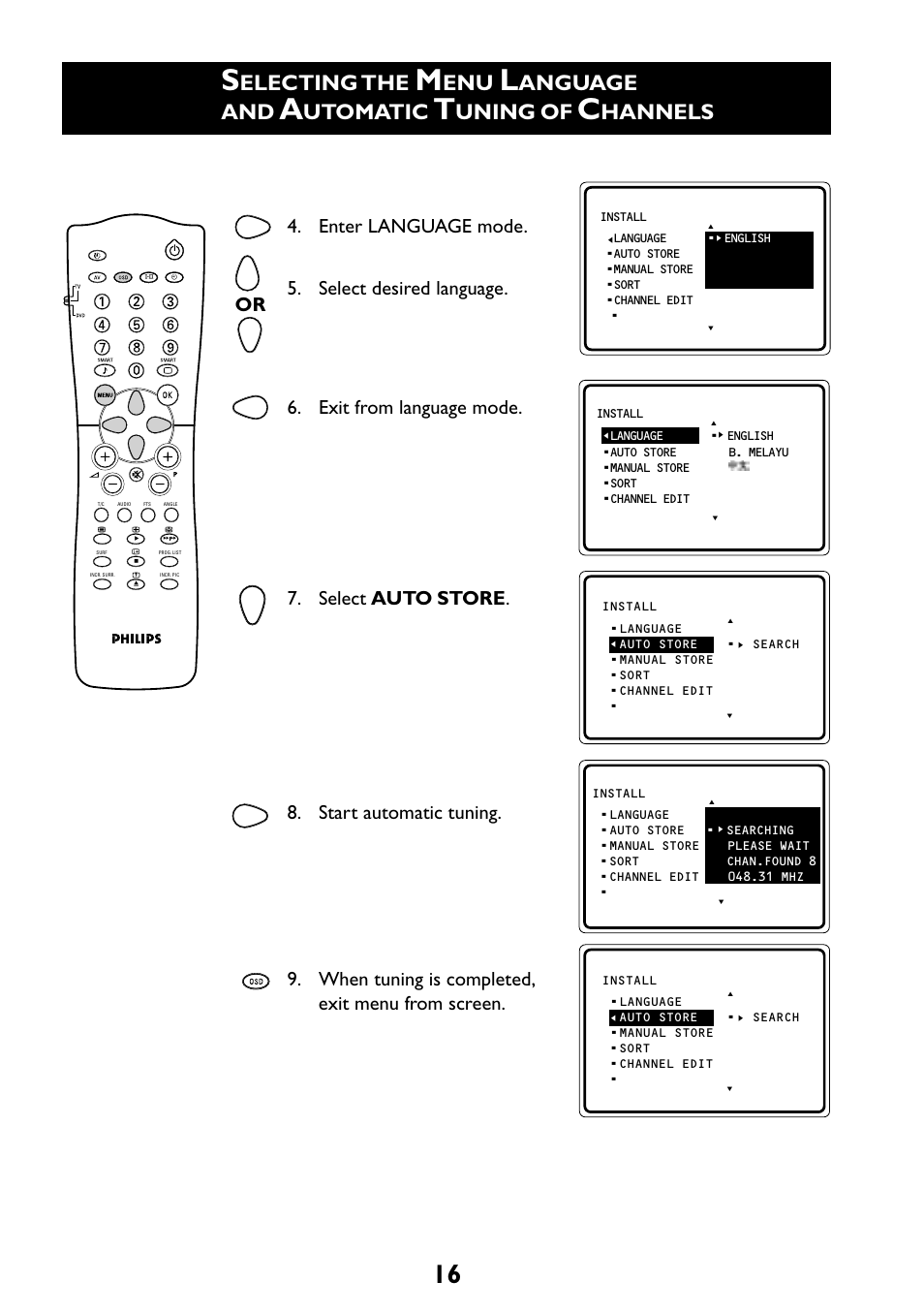 Electing the, Anguage and, Utomatic | Uning of, Hannels | Philips 29PT6961 User Manual | Page 16 / 54