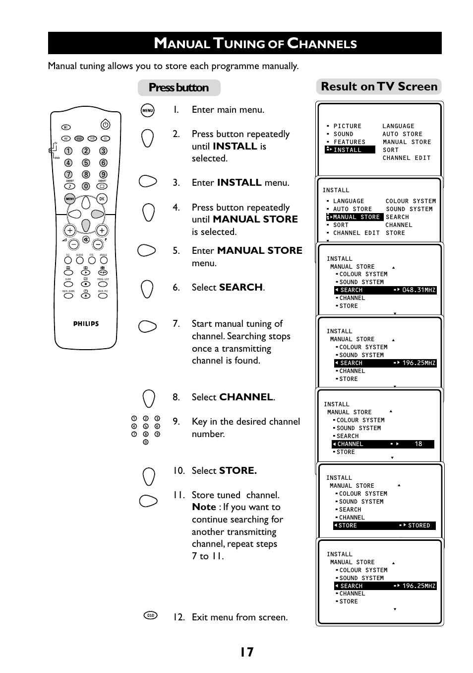 Result on tv screen, Press button, Anual | Uning of, Hannels | Philips 29PT6961 User Manual | Page 17 / 54