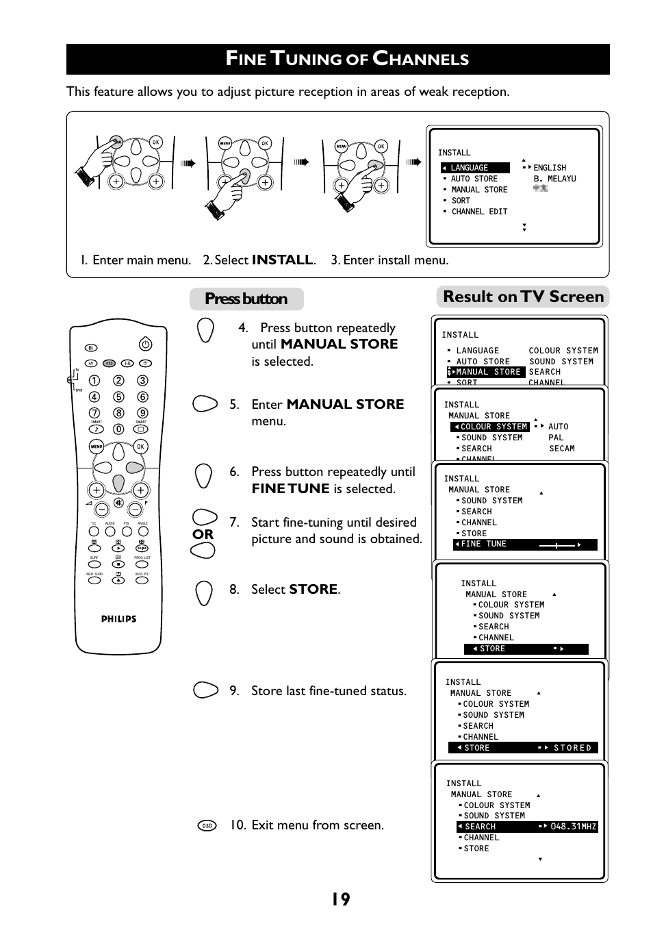 Result on tv screen, Press button, Uning of | Hannels | Philips 29PT6961 User Manual | Page 19 / 54