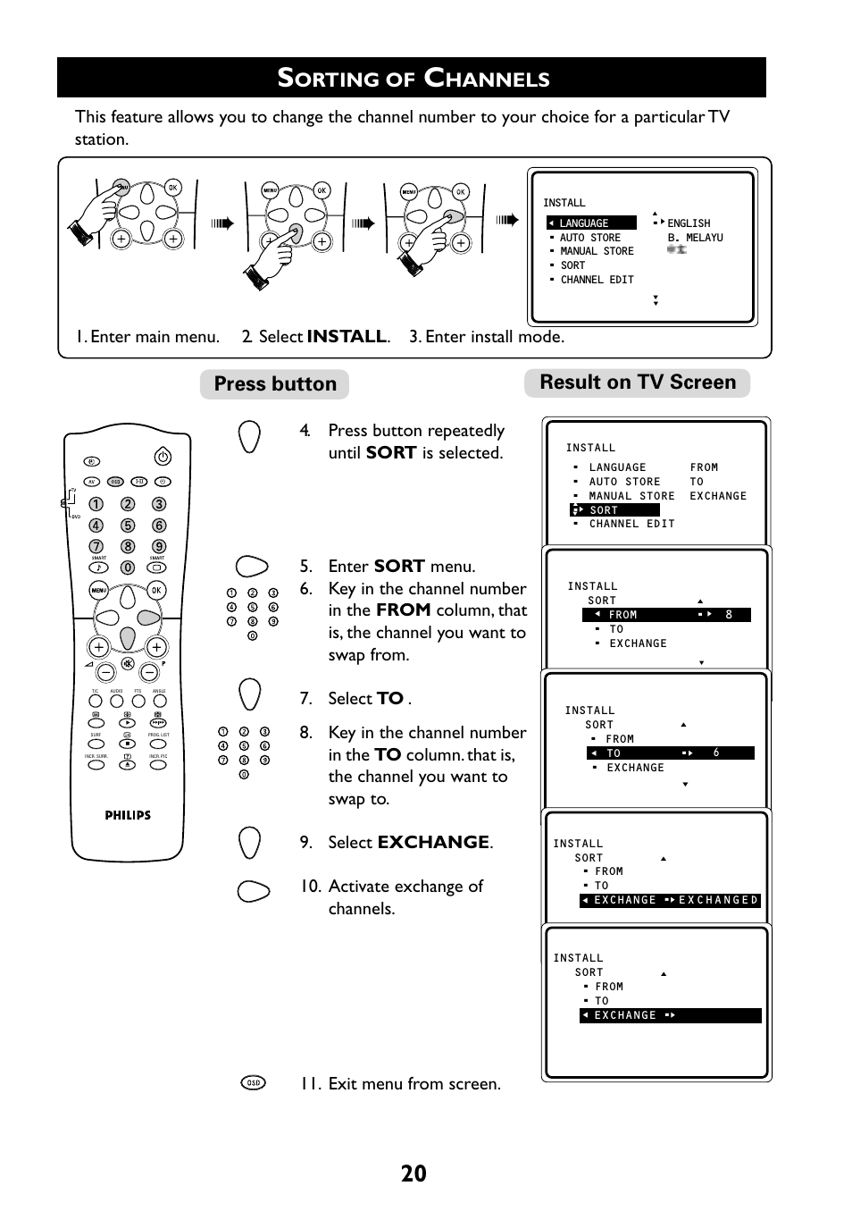 Orting of, Hannels, Press button result on tv screen | Philips 29PT6961 User Manual | Page 20 / 54