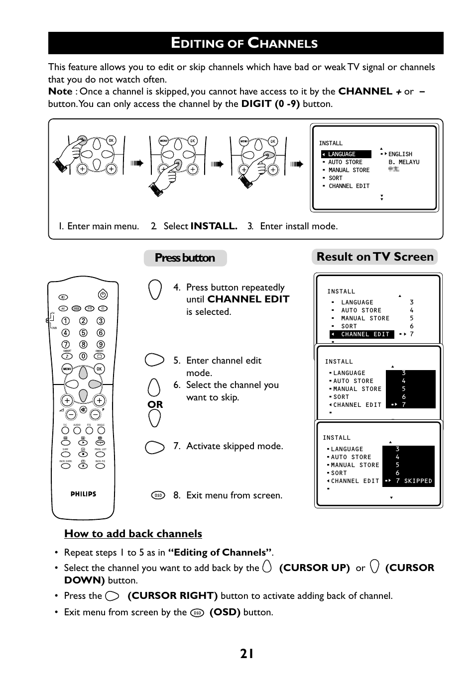 Result on tv screen, Press button, Diting of | Hannels, How to add back channels | Philips 29PT6961 User Manual | Page 21 / 54