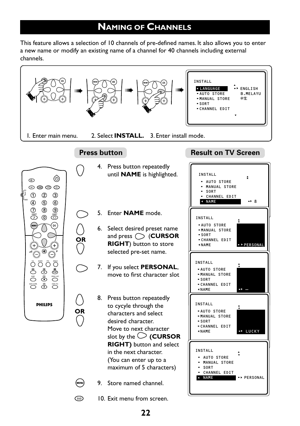 Result on tv screen, Aming of, Hannels | Press button | Philips 29PT6961 User Manual | Page 22 / 54