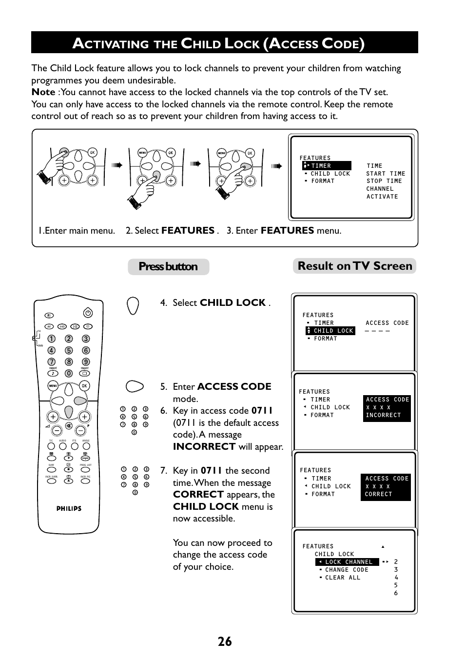 Result on tv screen, Press button, Ctivating the | Hild, Ccess | Philips 29PT6961 User Manual | Page 26 / 54