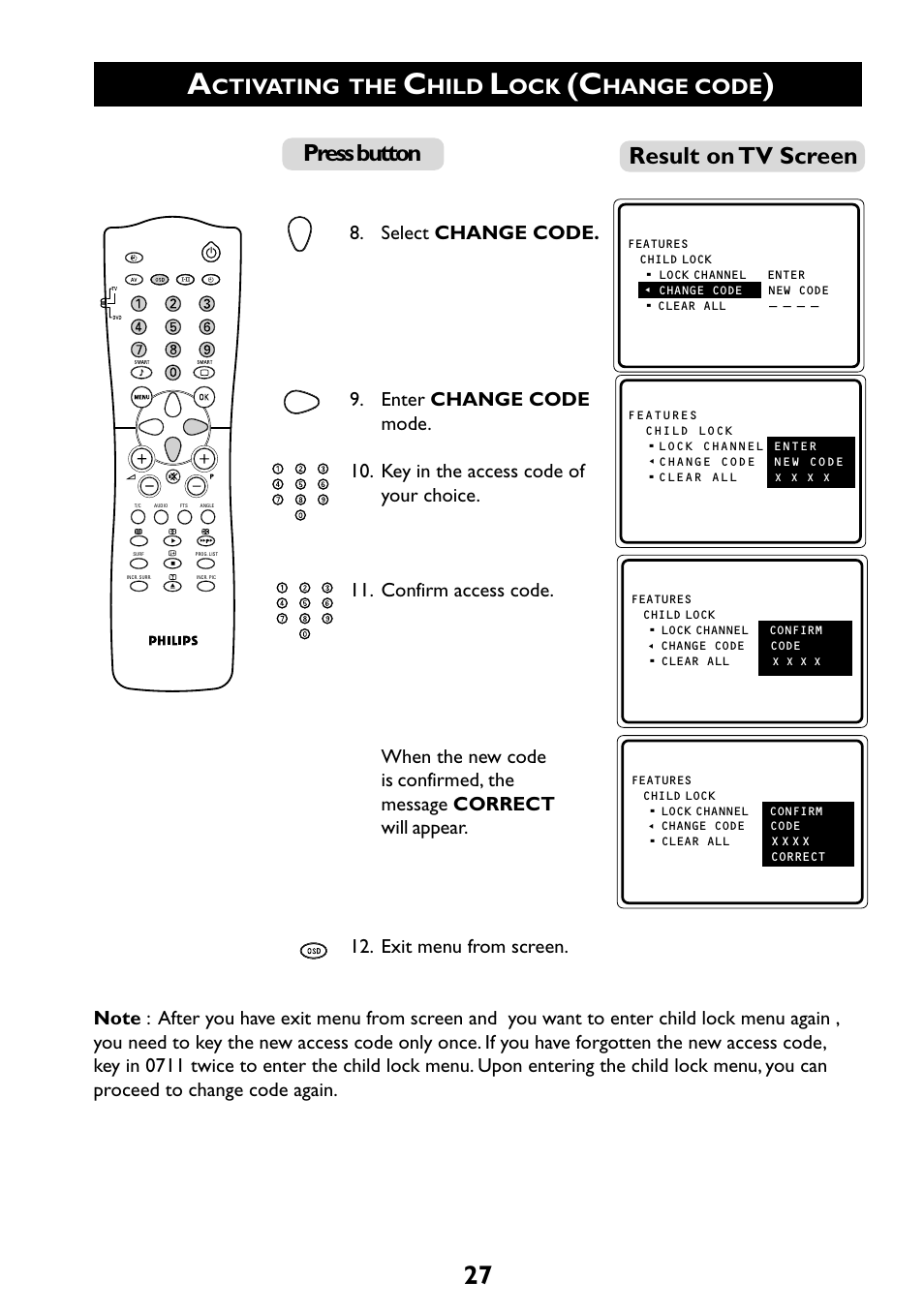 Result on tv screen, Press button, Ctivating the | Hild, Hange code | Philips 29PT6961 User Manual | Page 27 / 54