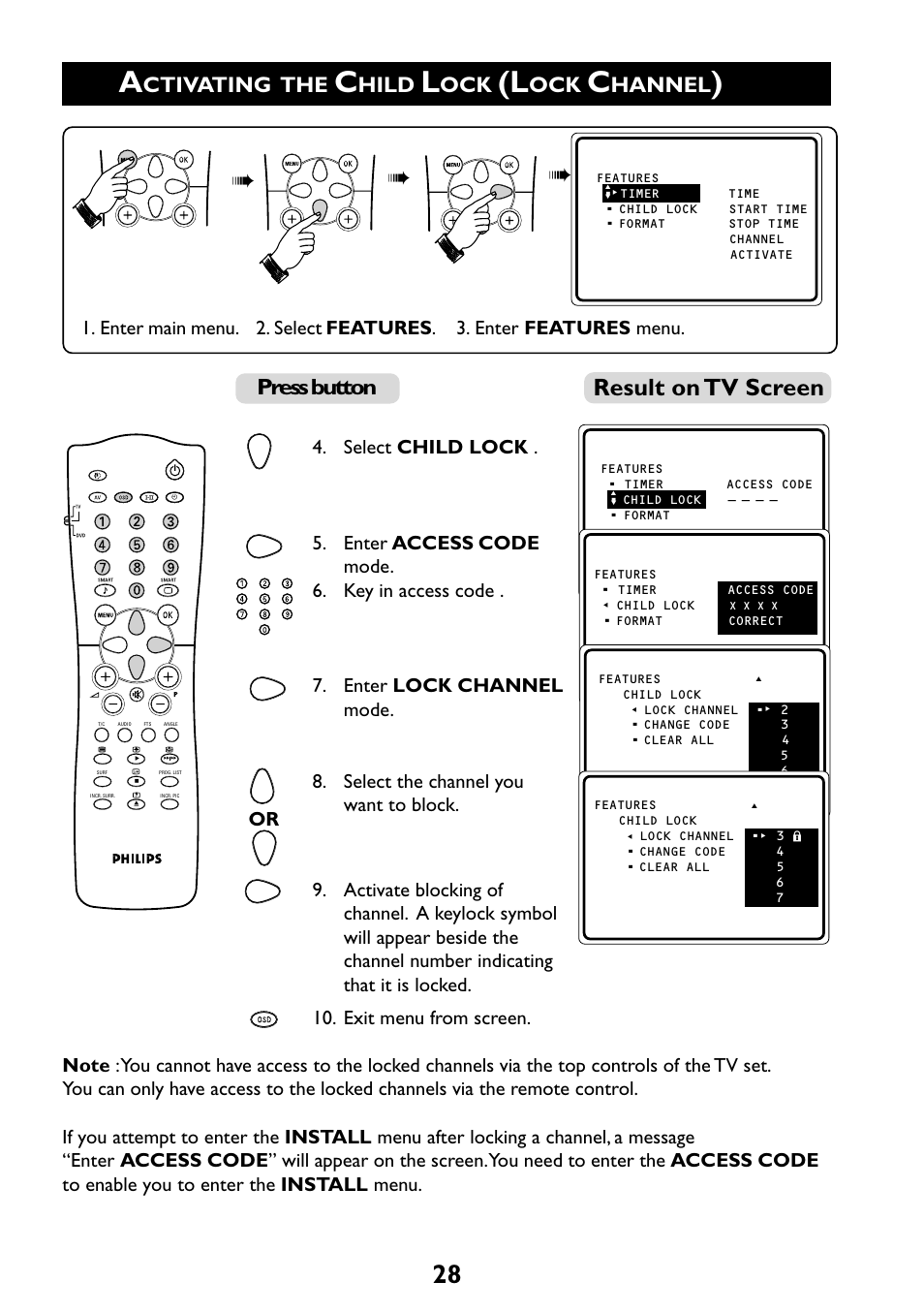 Result on tv screen, Press button, Ctivating the | Hild, Hannel | Philips 29PT6961 User Manual | Page 28 / 54