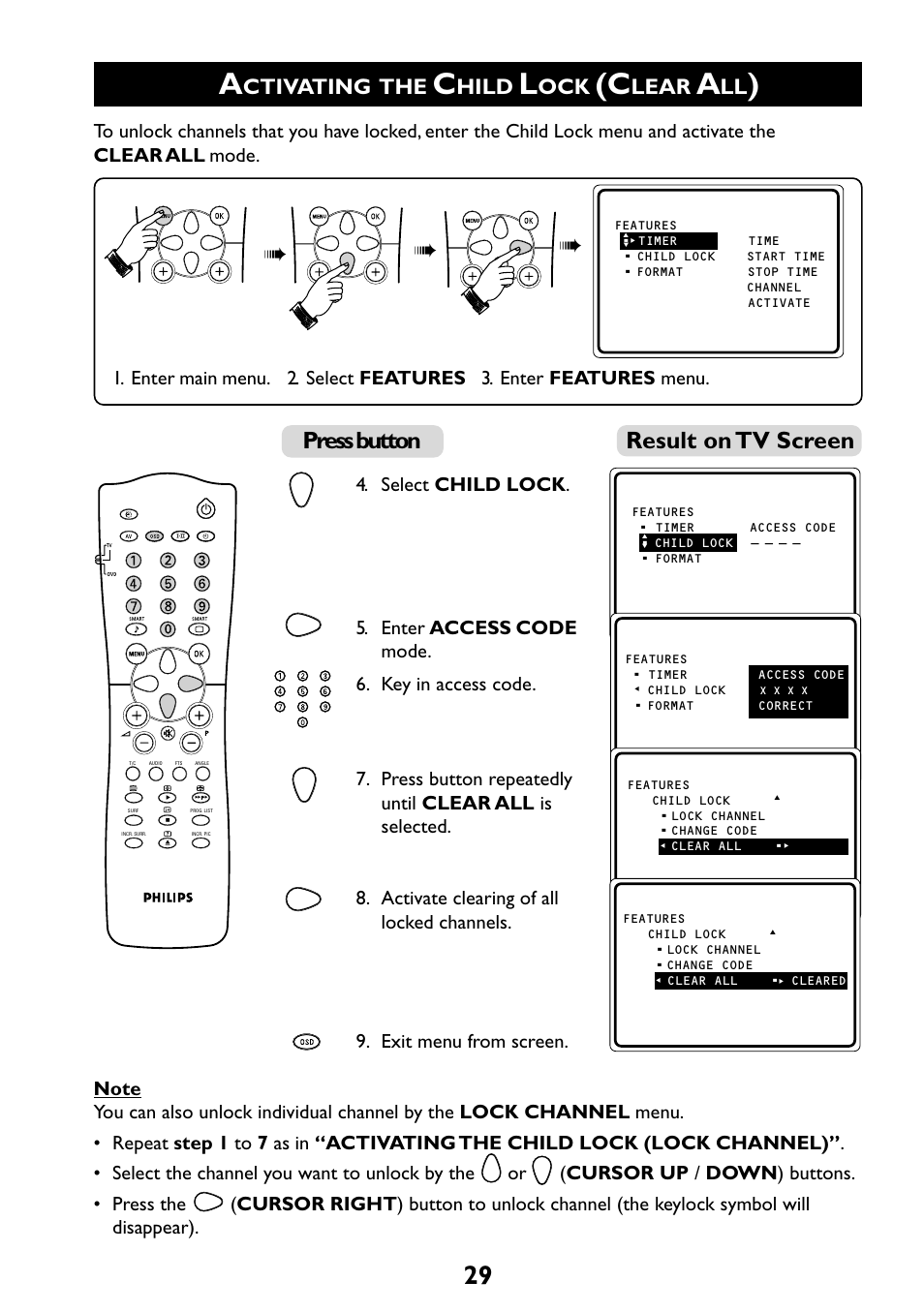 Result on tv screen, Press button, Ctivating the | Hild, Lear | Philips 29PT6961 User Manual | Page 29 / 54