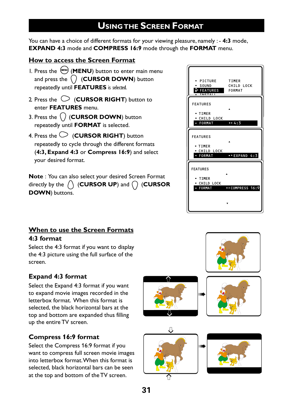 Sing the, Creen, Ormat | How to access the screen format, When to use the screen formats 4:3 format, Expand 4:3 format, Compress 16:9 format | Philips 29PT6961 User Manual | Page 31 / 54