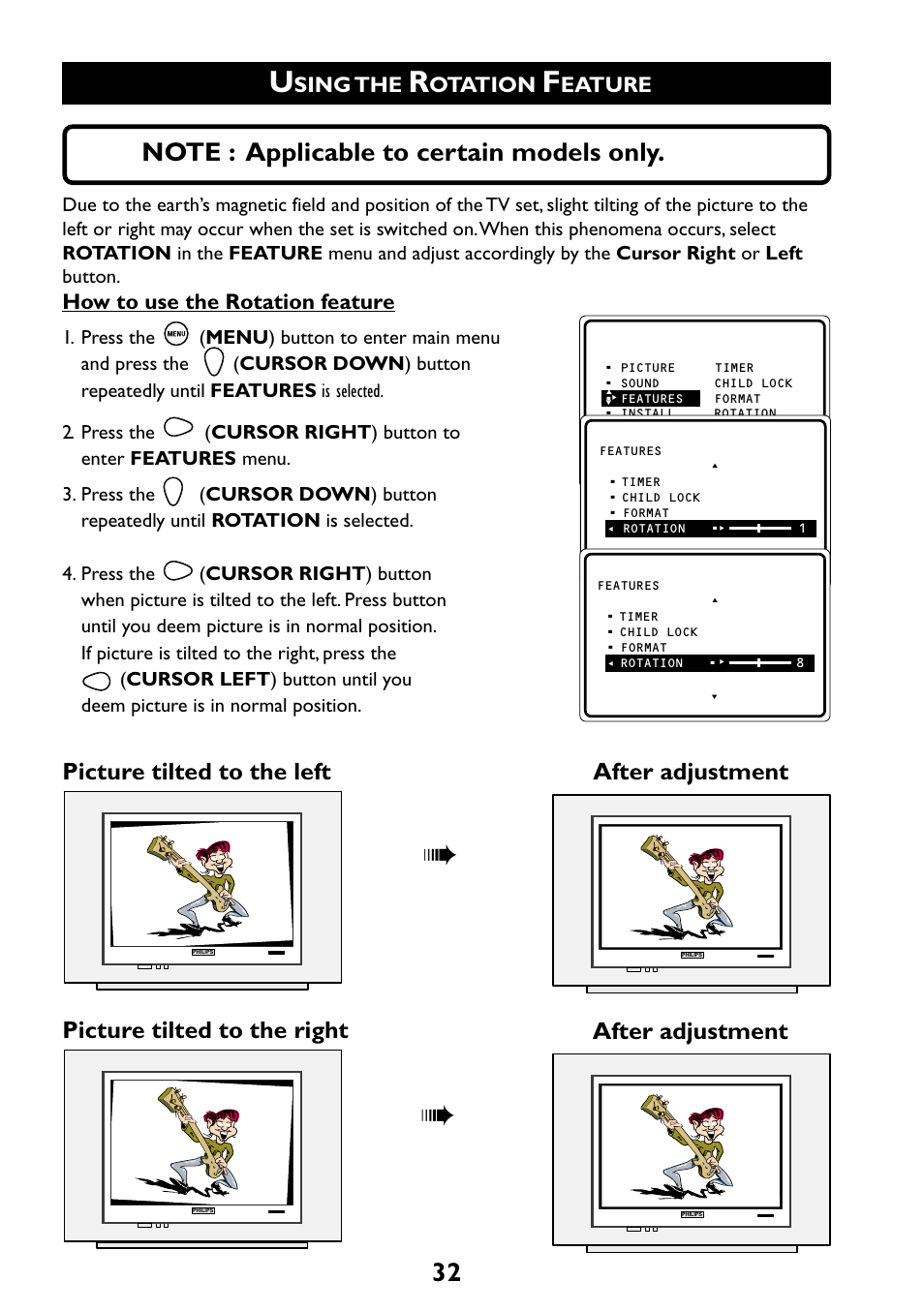 Picture tilted to the left after adjustment, Picture tilted to the right after adjustment, Sing the | Otation, Eature, How to use the rotation feature | Philips 29PT6961 User Manual | Page 32 / 54