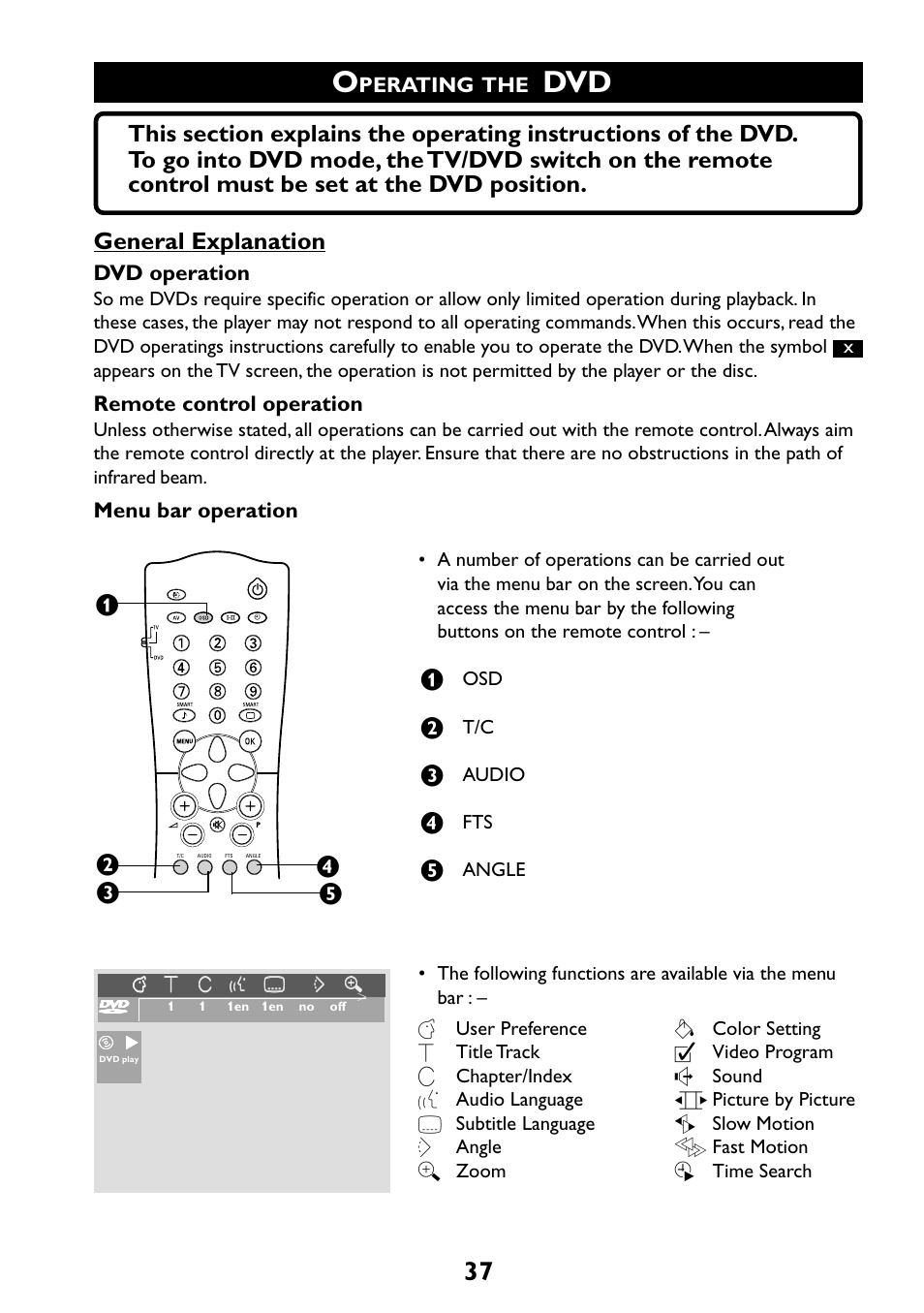 Perating, Dvd operation, Remote control operation | Menu bar operation | Philips 29PT6961 User Manual | Page 37 / 54