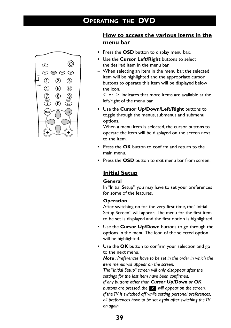 How to access the various items in the menu bar, Initial setup | Philips 29PT6961 User Manual | Page 39 / 54