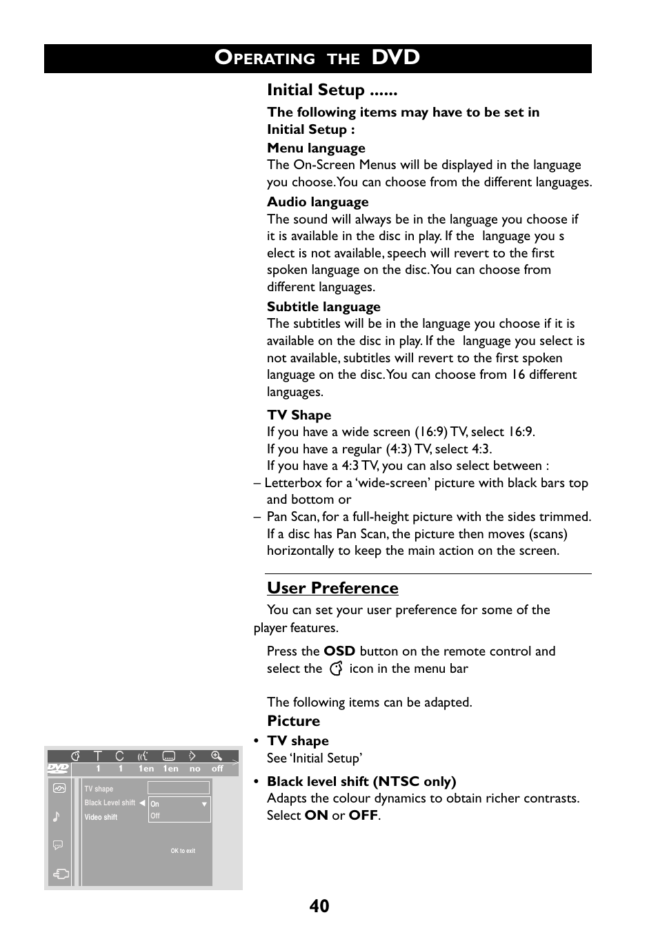 Initial setup, User preference, Perating | Picture | Philips 29PT6961 User Manual | Page 40 / 54