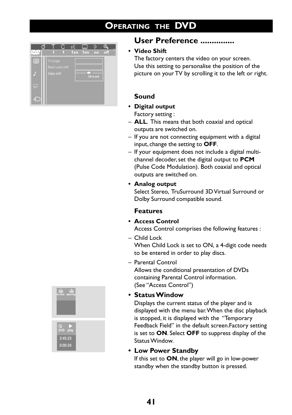 User preference, Perating, Sound | Features, Status window, Low power standby | Philips 29PT6961 User Manual | Page 41 / 54