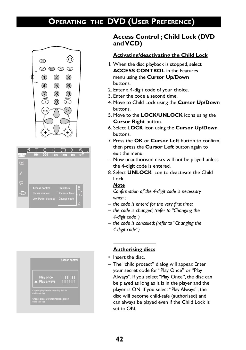 Dvd (u, Access control ; child lock (dvd and vcd), Perating | Reference | Philips 29PT6961 User Manual | Page 42 / 54