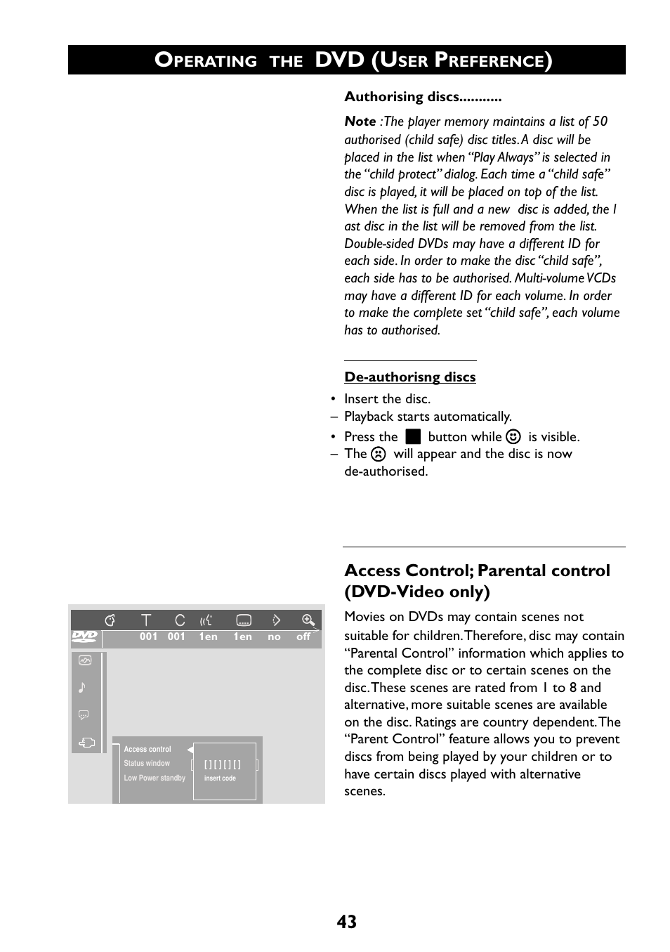 Dvd (u, Access control; parental control (dvd-video only), Perating | Reference | Philips 29PT6961 User Manual | Page 43 / 54