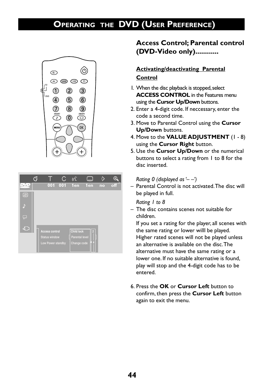 Dvd (u, Access control; parental control (dvd-video only), Perating | Reference | Philips 29PT6961 User Manual | Page 44 / 54