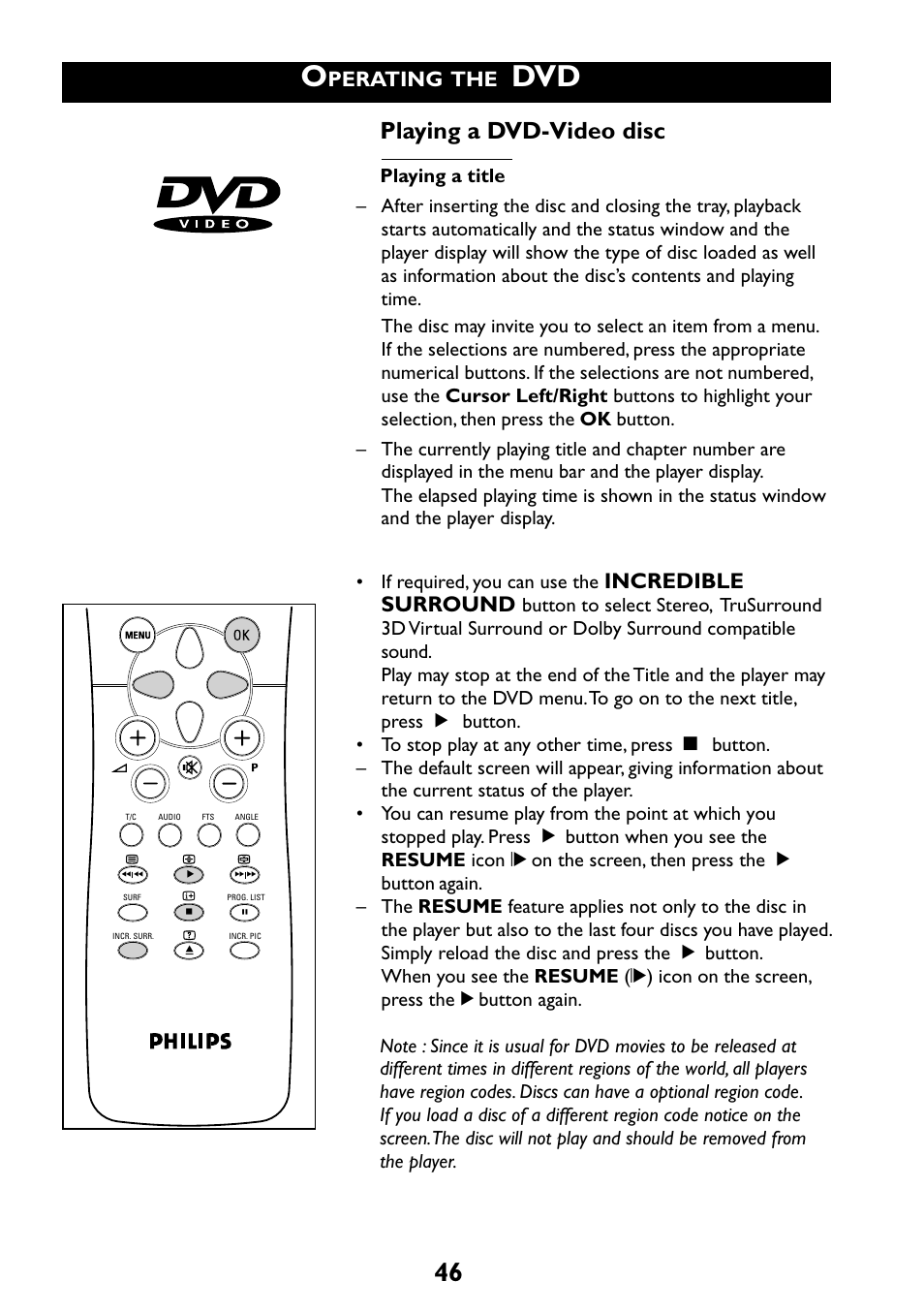 Playing a dvd-video disc, Perating, Incredible surround | Philips 29PT6961 User Manual | Page 46 / 54