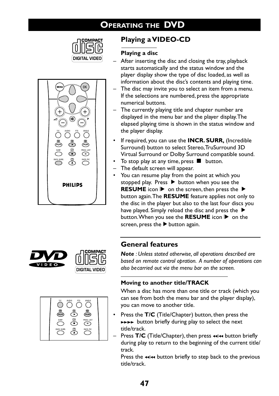 Playing a video-cd, General features, Perating | Philips 29PT6961 User Manual | Page 47 / 54