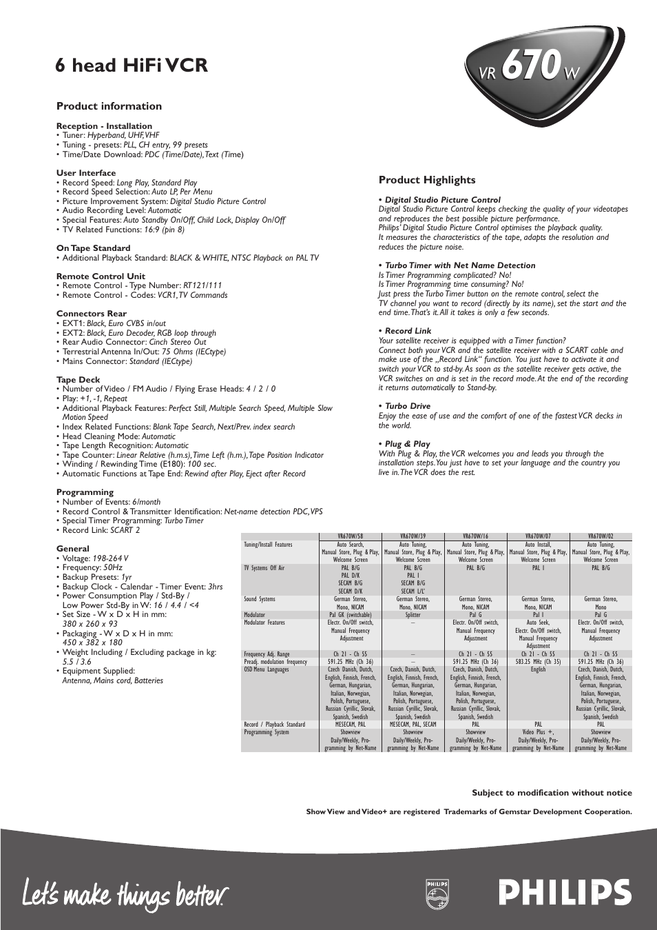 6 head hifi vcr, Product highlights, Product information | Philips VR 670W User Manual | Page 2 / 2