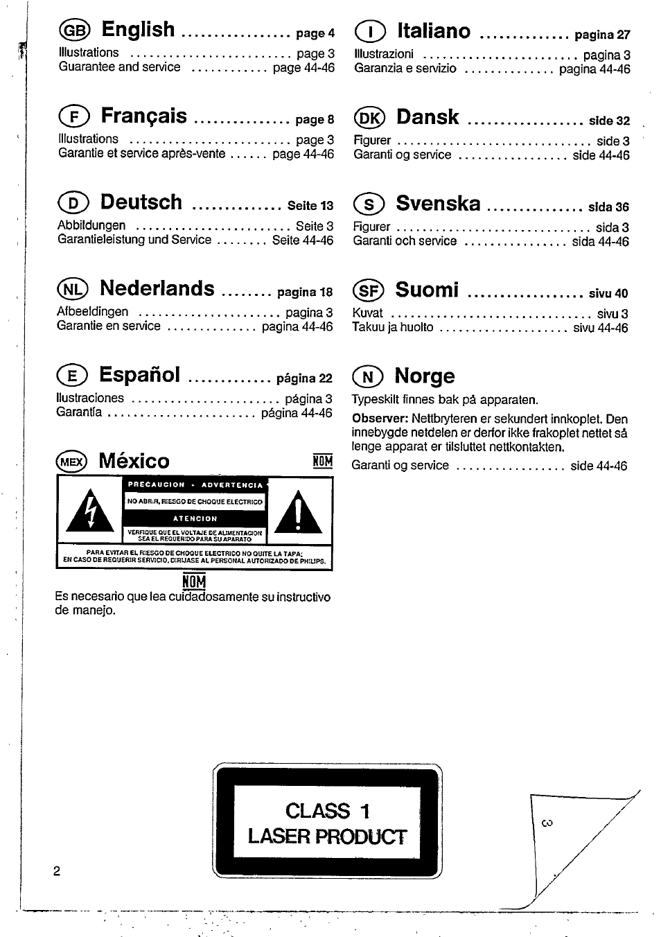 D) deutsch seite13, Ñ) norge, México | 7) italiano, Dansk, Svenska, Suomi, English, Français................ ...... pages, Deutsch ..................seite13 | Philips CD 110 User Manual | Page 2 / 10