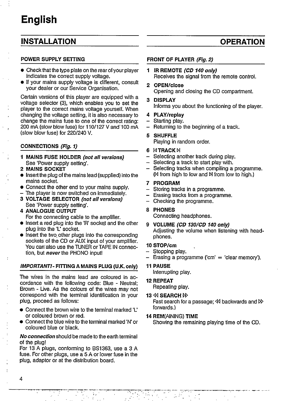 English, Installation operation | Philips CD 110 User Manual | Page 4 / 10