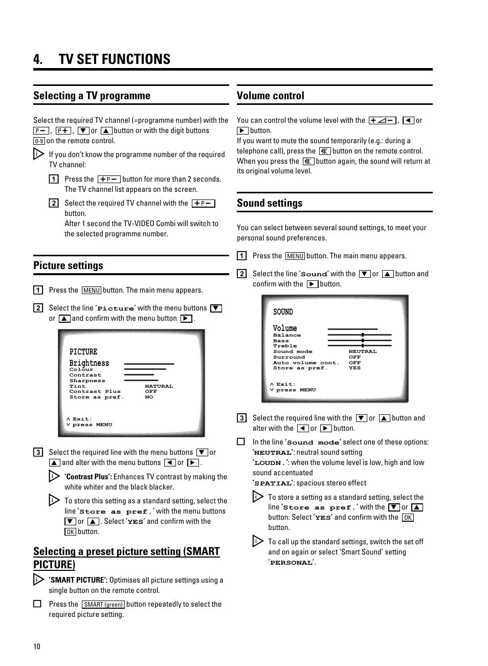 Tv set functions, Selecting a tv programme, Picture settings | Selecting a preset picture setting (smart picture), Volume control, Sound settings | Philips 25PV707 User Manual | Page 12 / 24