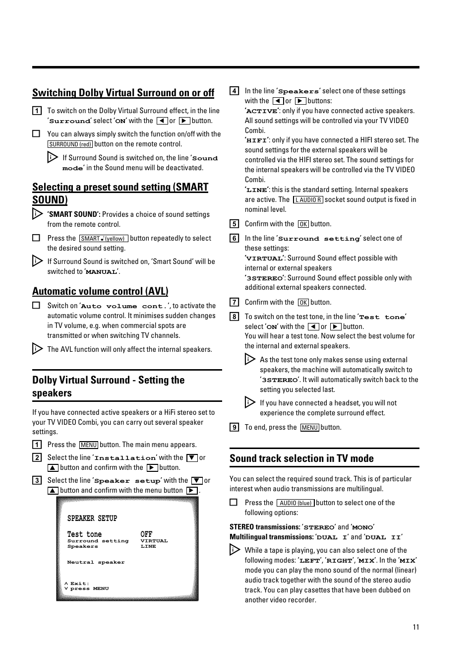 Switching dolby virtual surround on or off, Selecting a preset sound setting (smart sound), Automatic volume control (avl) | Dolby virtual surround - setting the speakers, Sound track selection in tv mode | Philips 25PV707 User Manual | Page 13 / 24