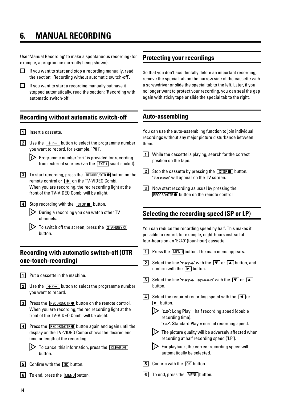 Manual recording, Recording without automatic switch-off, Protecting your recordings | Auto-assembling, Selecting the recording speed (sp or lp) | Philips 25PV707 User Manual | Page 16 / 24