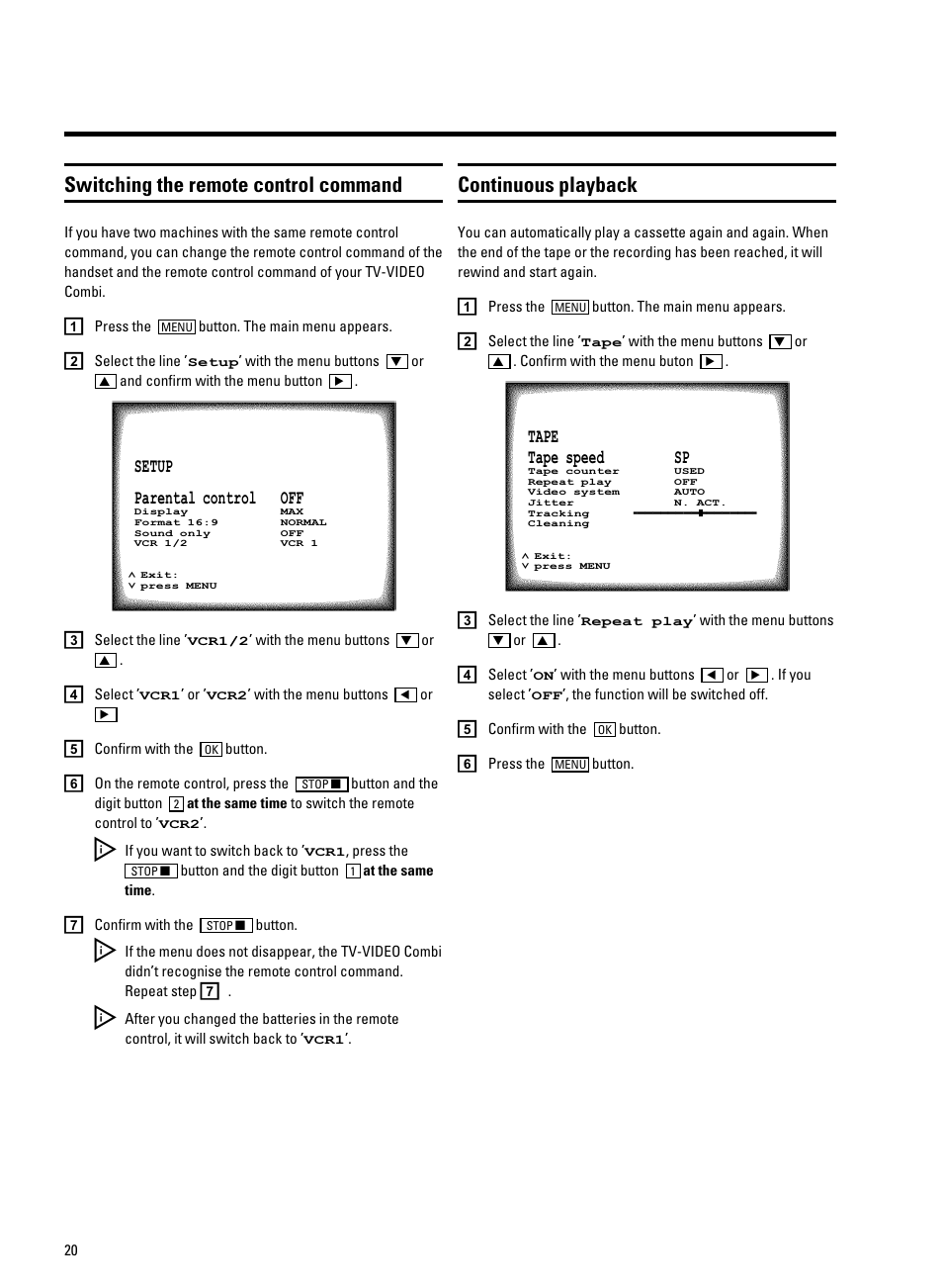 Switching the remote control command, Continuous playback | Philips 25PV707 User Manual | Page 22 / 24