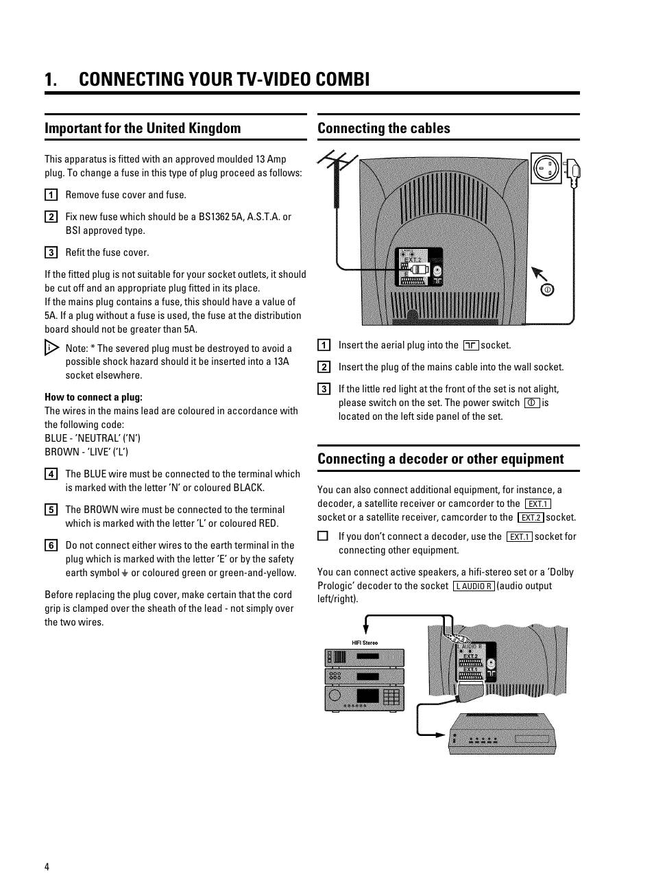 Connecting your tv-video combi, Connecting the cables, Connecting a decoder or other equipment | Important for the united kingdom | Philips 25PV707 User Manual | Page 6 / 24