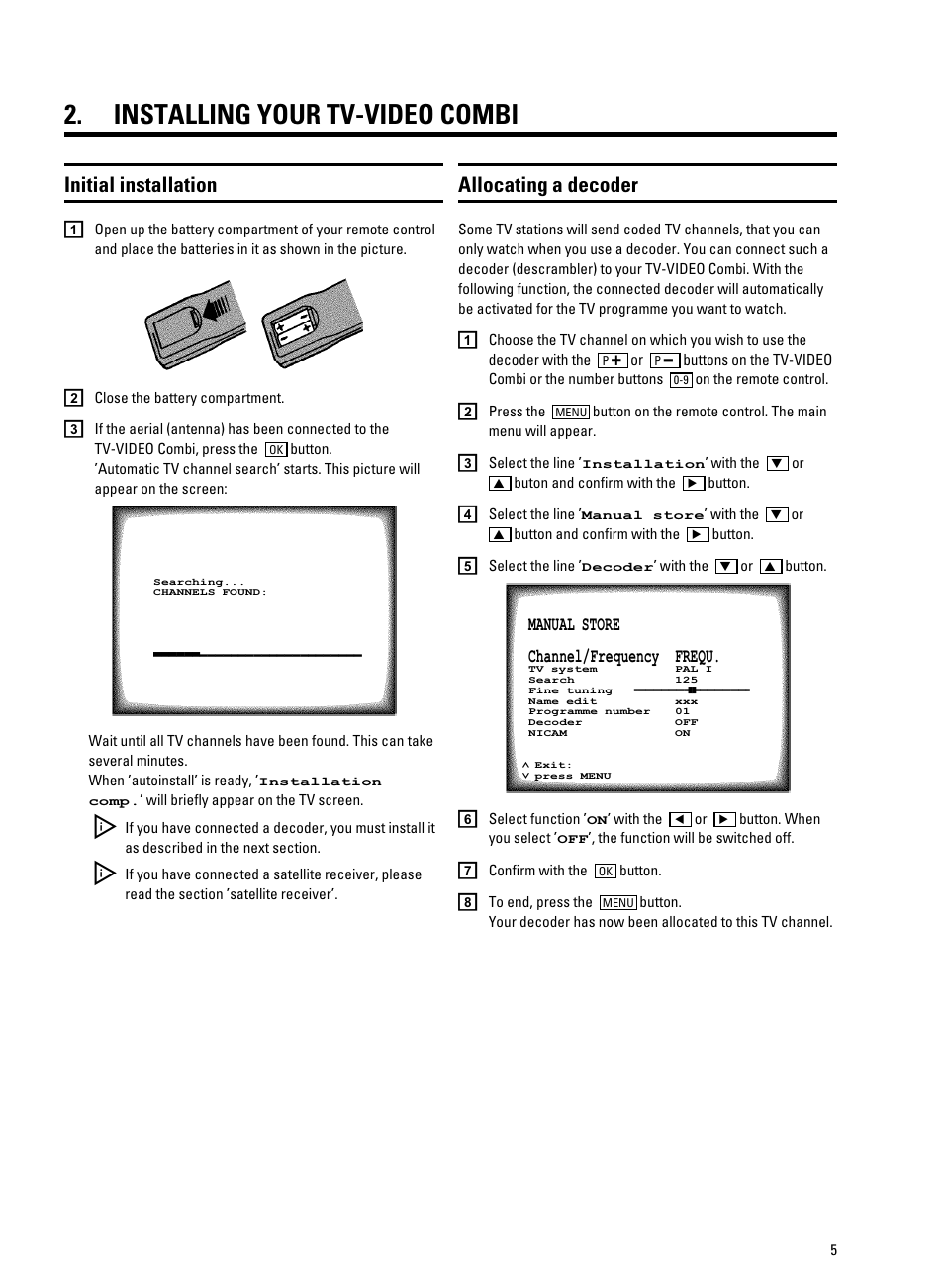 Installing your tv-video combi, Initial installation, Allocating a decoder | Philips 25PV707 User Manual | Page 7 / 24