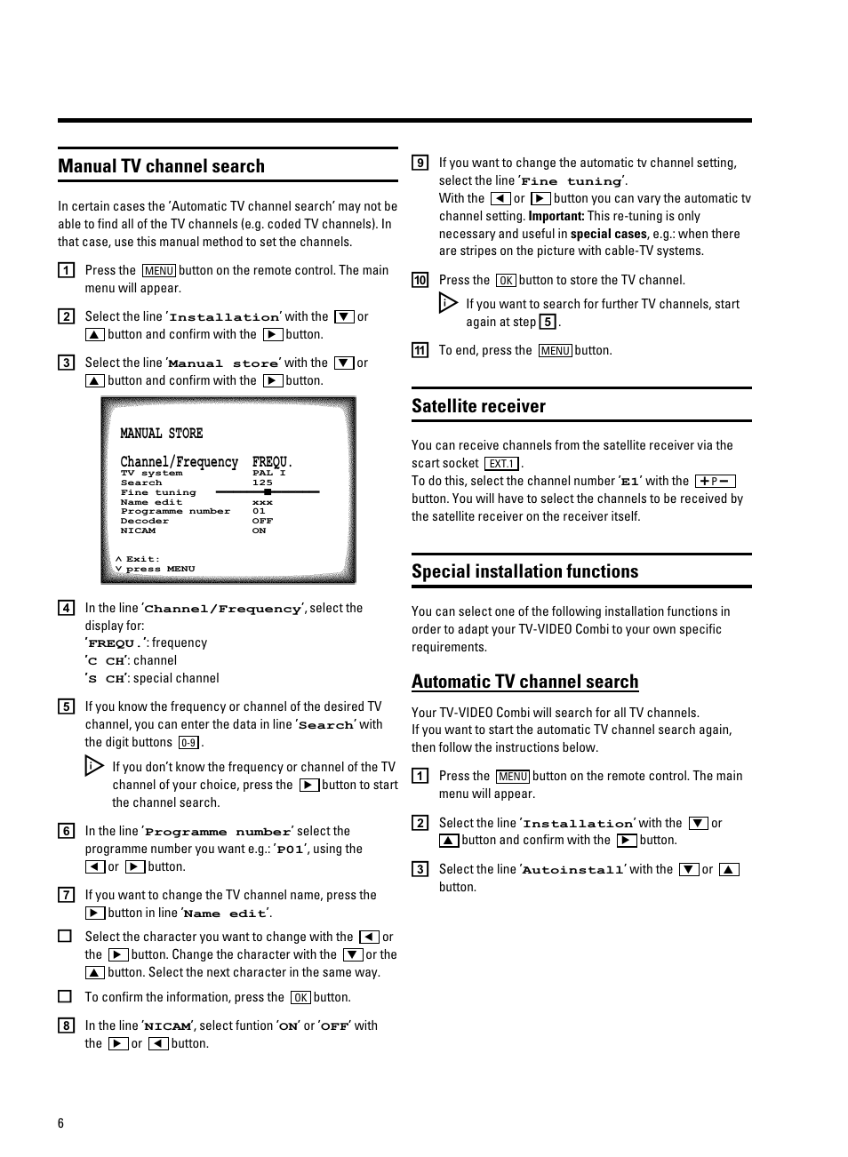 Manual tv channel search, Satellite receiver, Special installation functions | Automatic tv channel search | Philips 25PV707 User Manual | Page 8 / 24