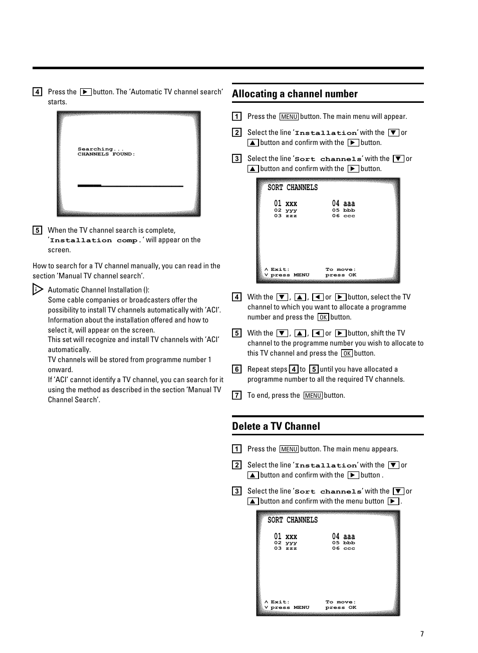 Allocating a channel number, Delete a tv channel | Philips 25PV707 User Manual | Page 9 / 24