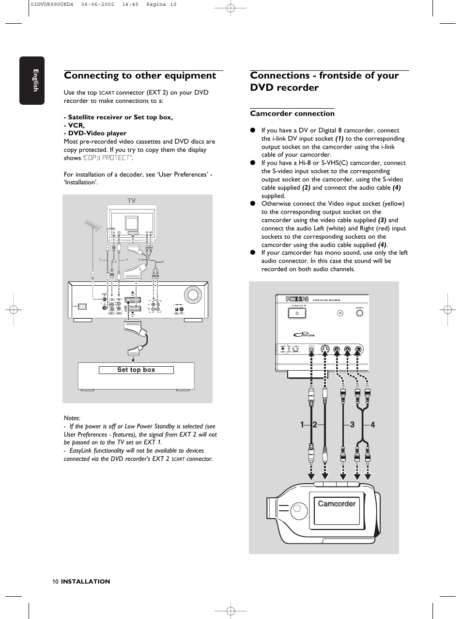 Connecting to other equipment, Connections - frontside of your dvd recorder | Philips DVDR990 User Manual | Page 10 / 62