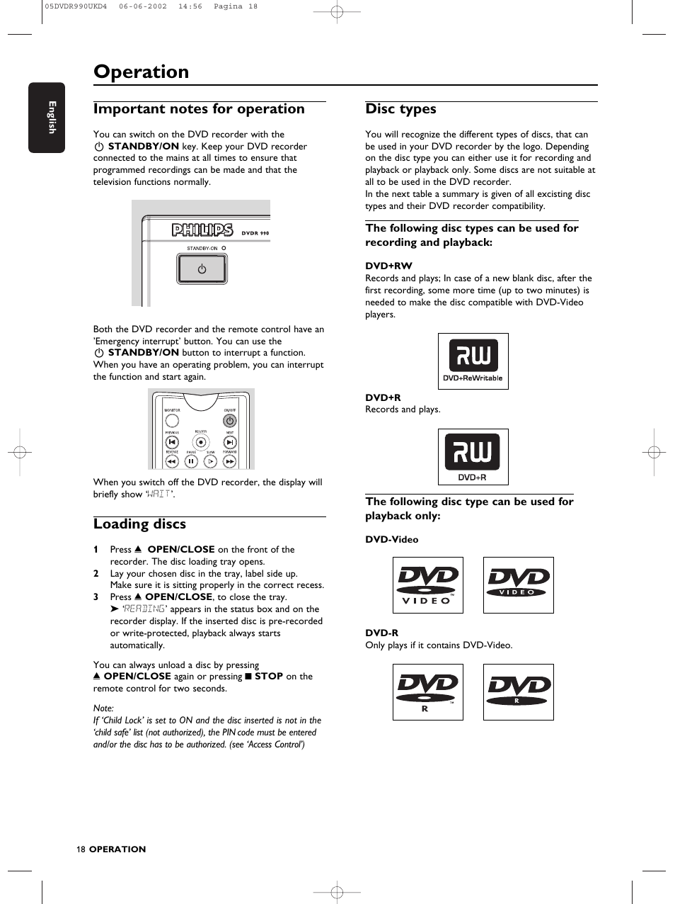 Operation, Loading discs, Disc types | Philips DVDR990 User Manual | Page 18 / 62