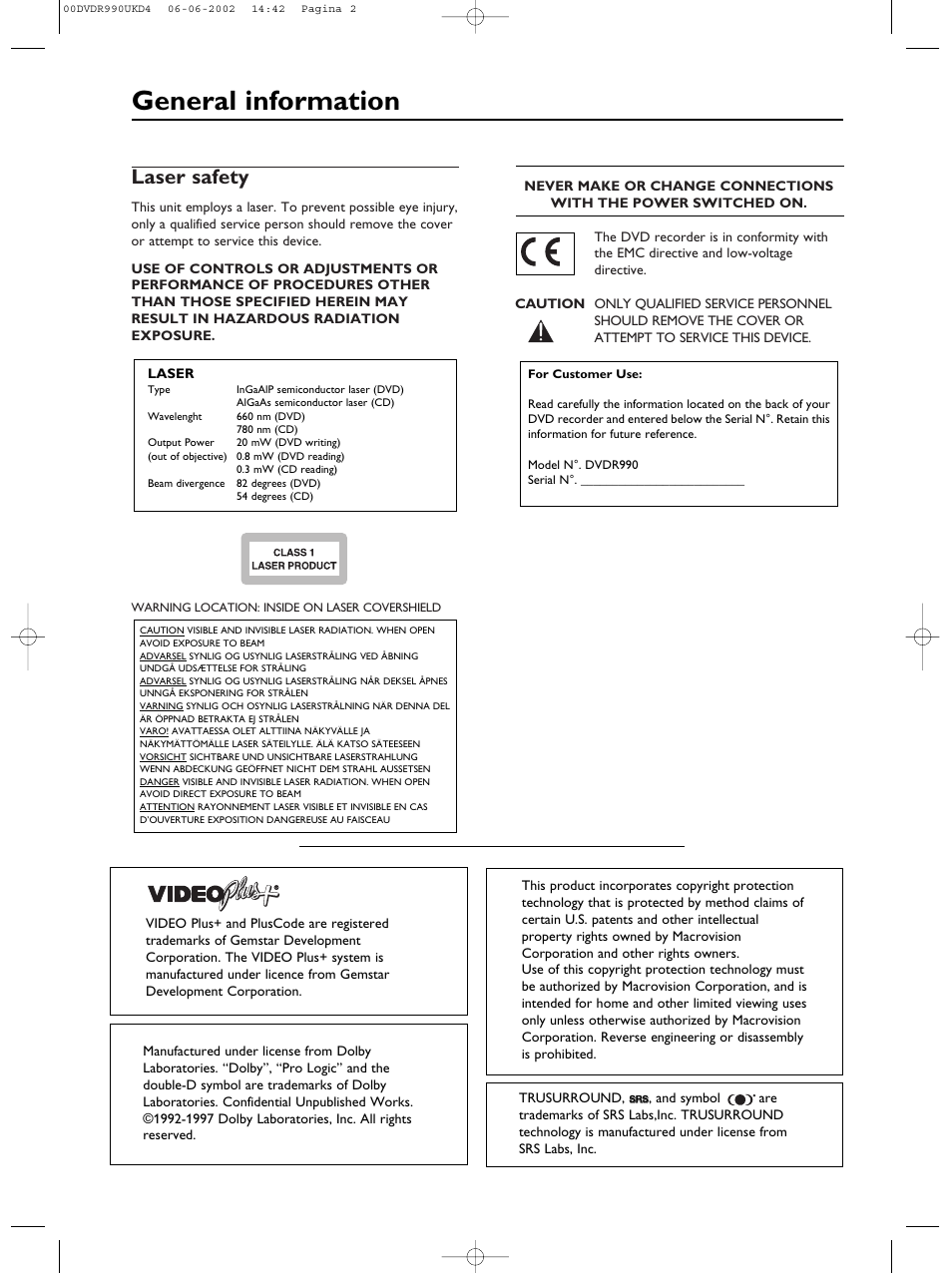 General information, Laser safety | Philips DVDR990 User Manual | Page 2 / 62