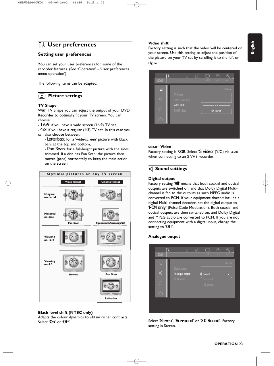 User preferences, Setting user preferences, Picture settings | Sound settings | Philips DVDR990 User Manual | Page 23 / 62