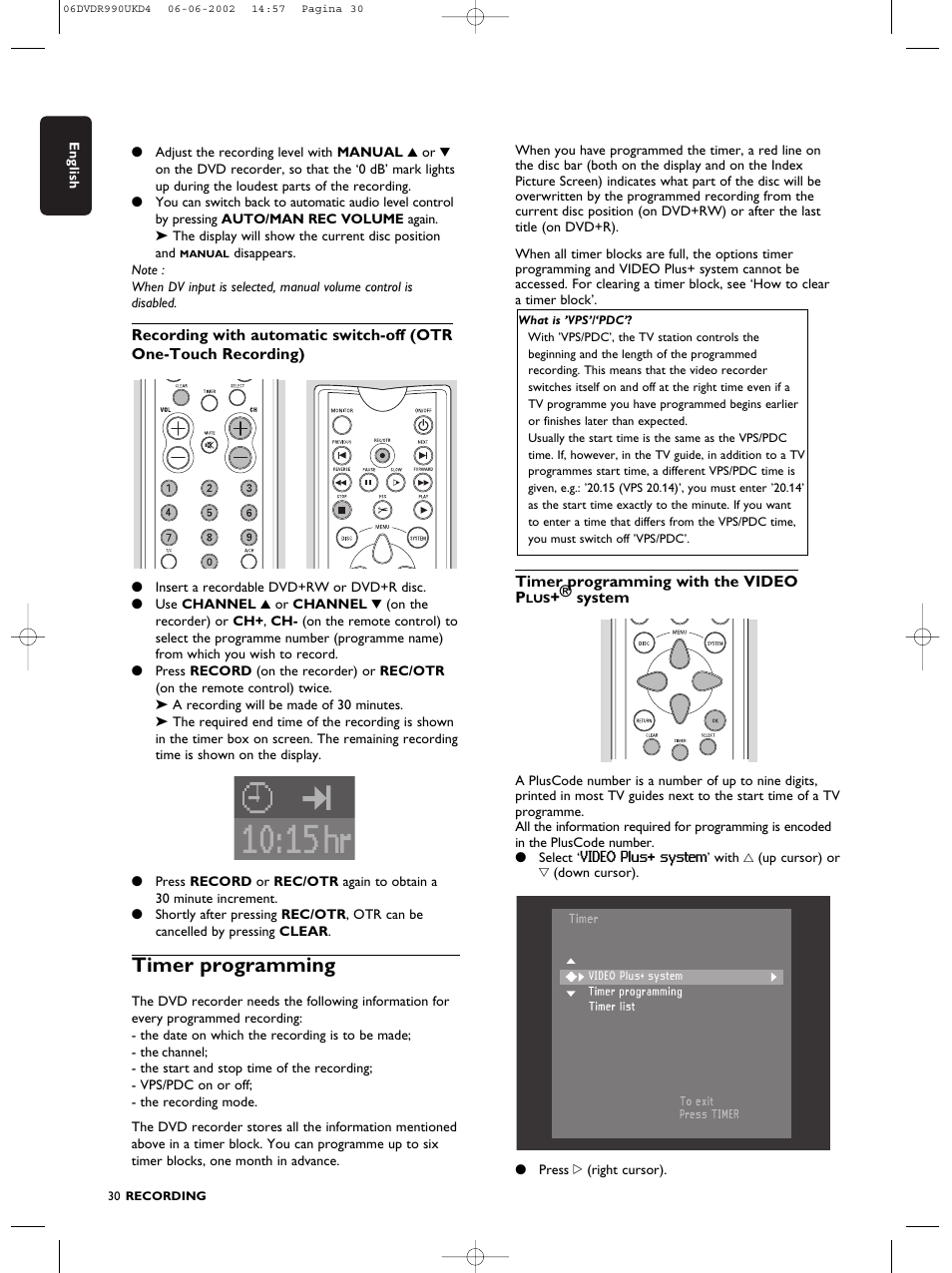 Timer programming | Philips DVDR990 User Manual | Page 30 / 62