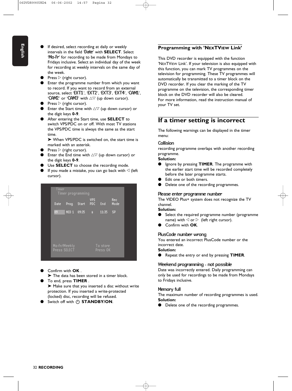 If a timer setting is incorrect | Philips DVDR990 User Manual | Page 32 / 62