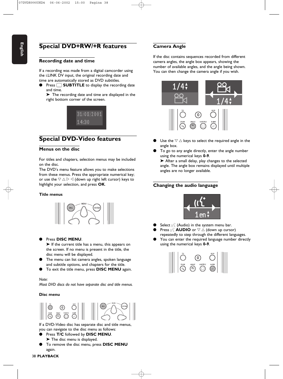 Special dvd+rw/+r features, Special dvd-video features | Philips DVDR990 User Manual | Page 38 / 62