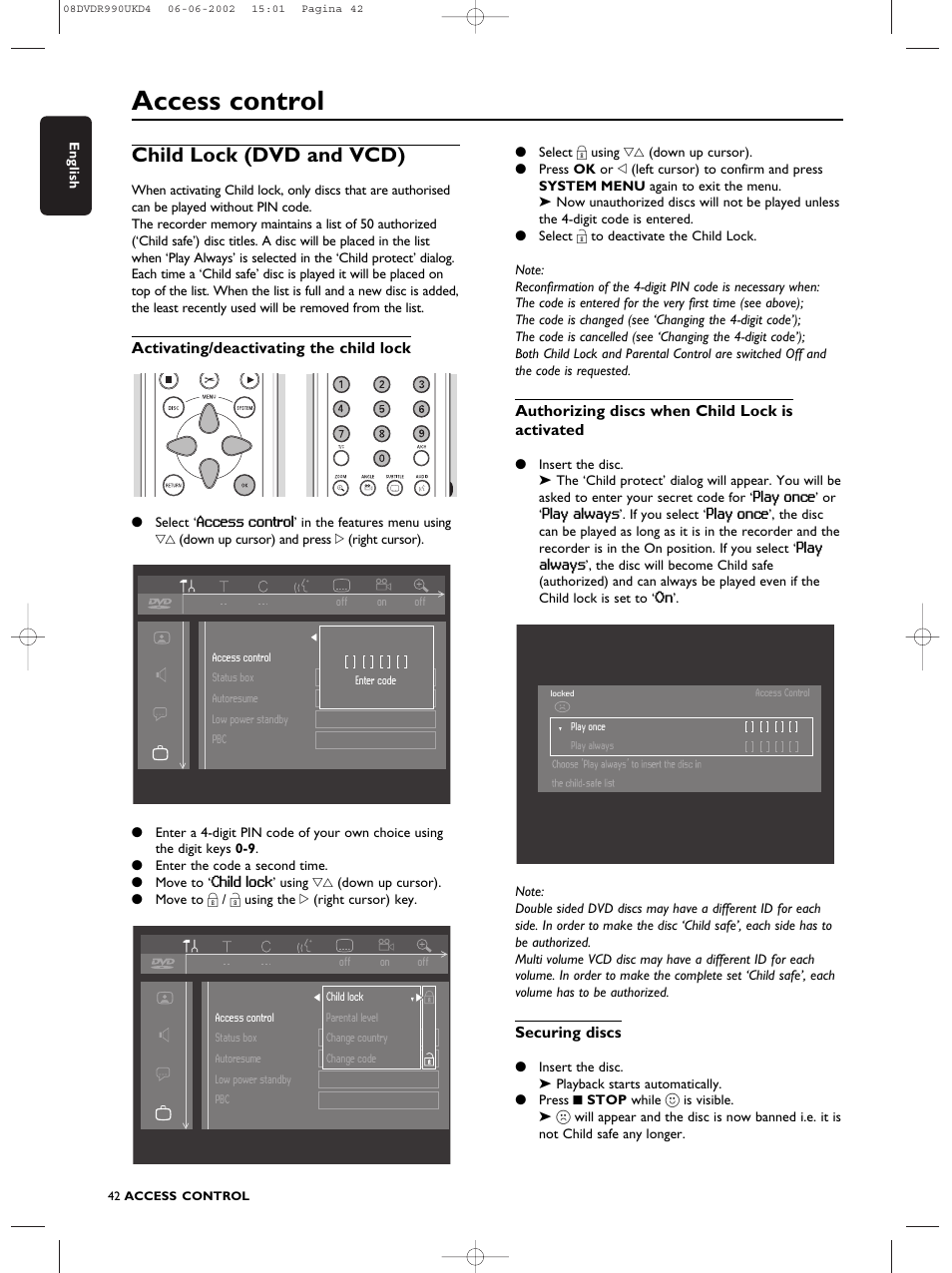 Access control, Child lock (dvd and vcd) | Philips DVDR990 User Manual | Page 42 / 62