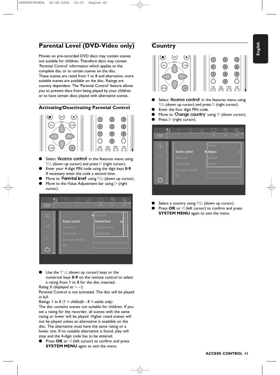Parental level (dvd-video only), Country | Philips DVDR990 User Manual | Page 43 / 62