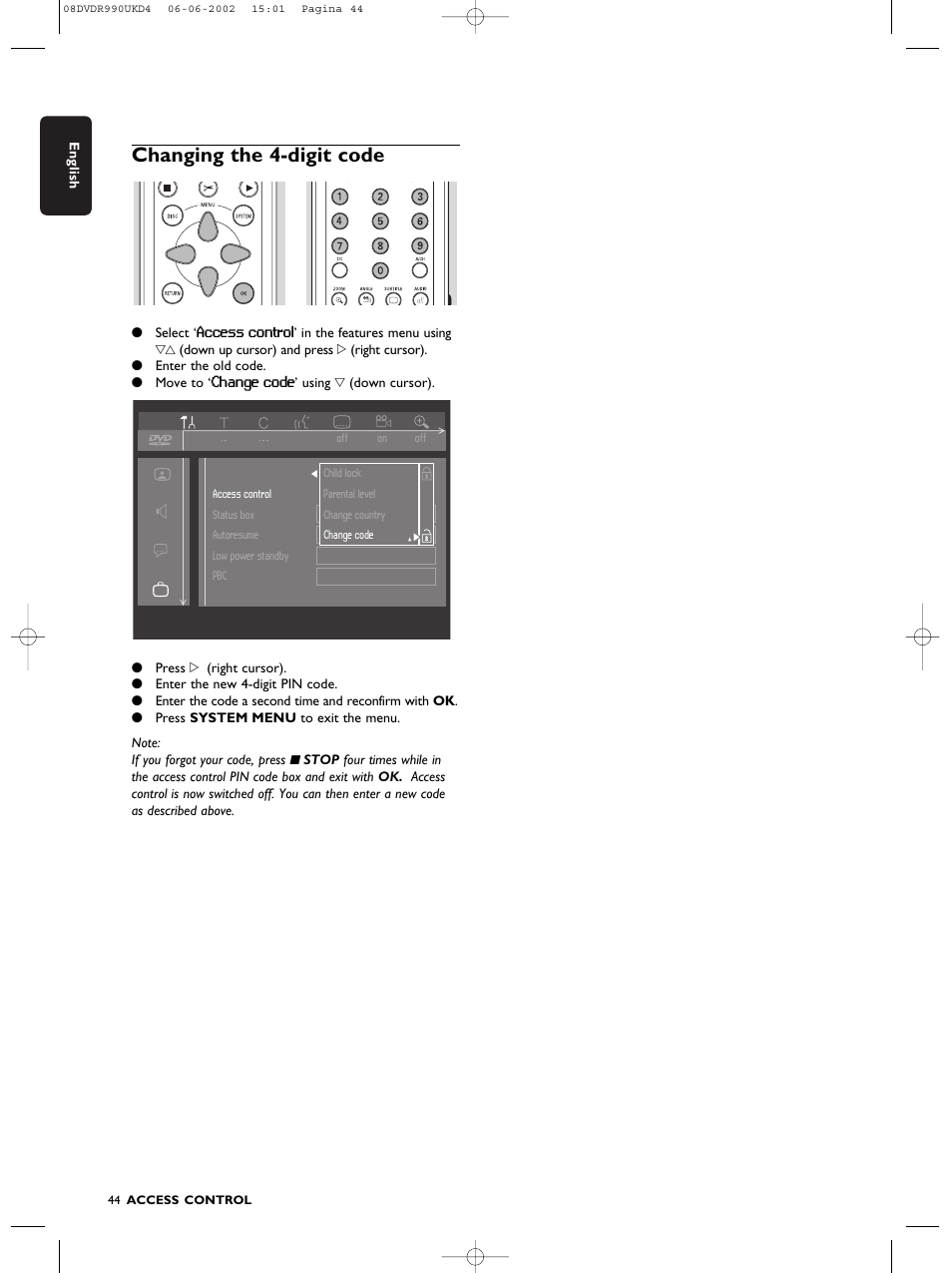Changing the 4-digit code | Philips DVDR990 User Manual | Page 44 / 62