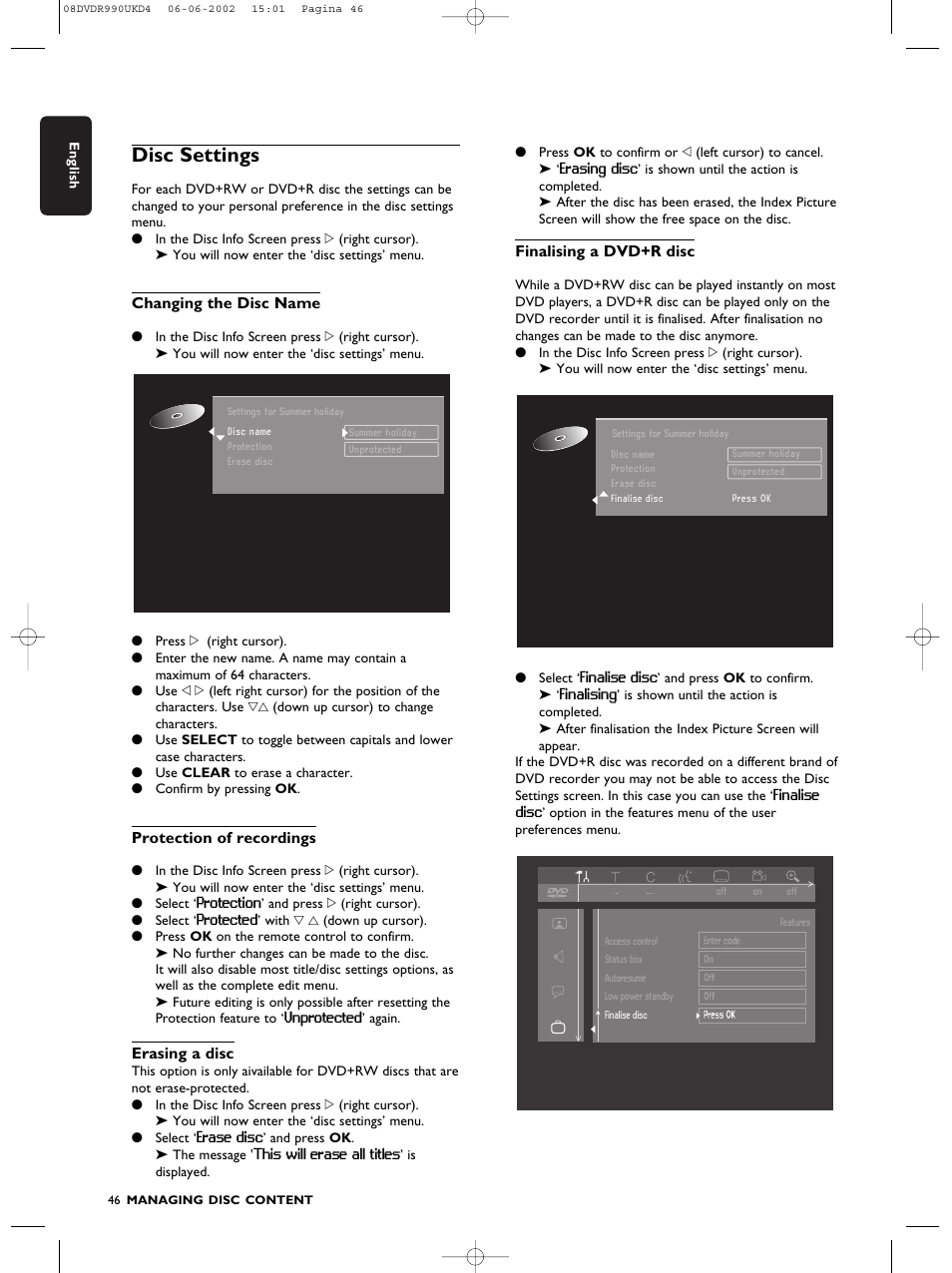 Disc settings | Philips DVDR990 User Manual | Page 46 / 62