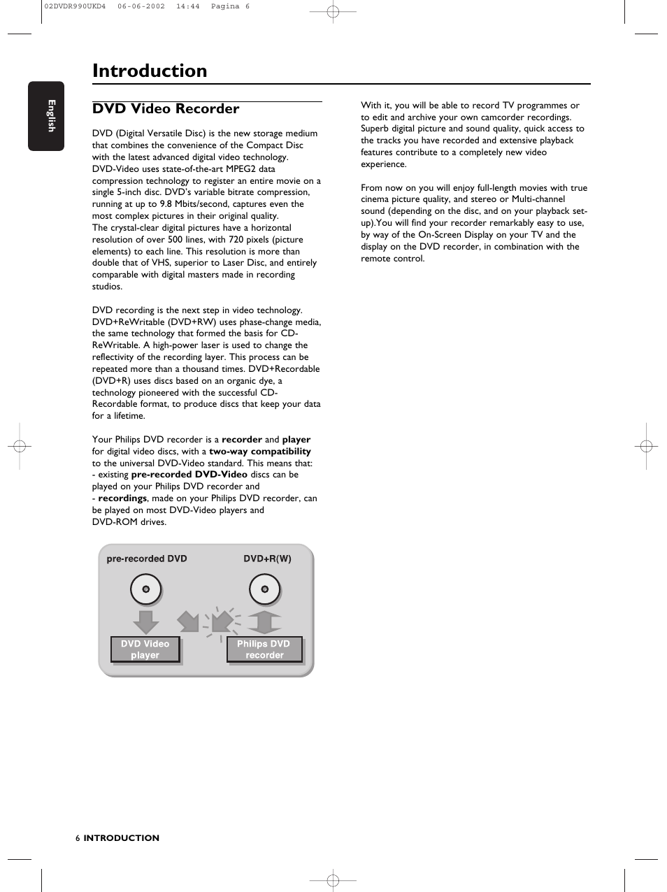 Introduction, Dvd video recorder | Philips DVDR990 User Manual | Page 6 / 62
