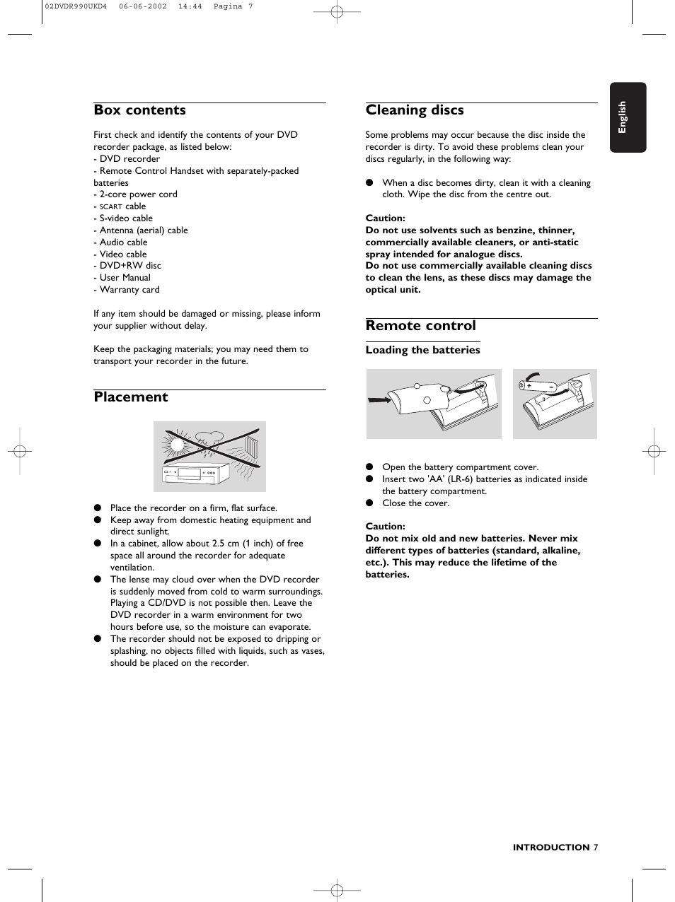 Box contents, Placement, Cleaning discs | Remote control | Philips DVDR990 User Manual | Page 7 / 62